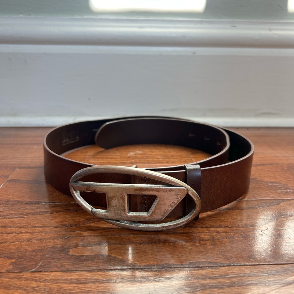Diesel B-1dr Leather Belt with Oversized “D” Buckle – Brown – Size 36